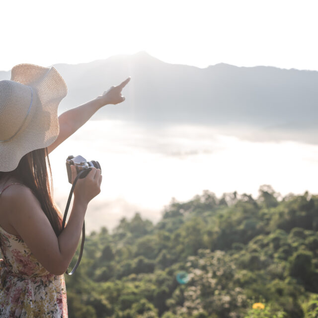 Happy woman pointing on the viewpoint